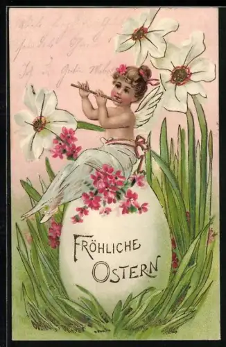 Lithographie Osterengel spielt auf der Flöte, Fröhliche Ostern