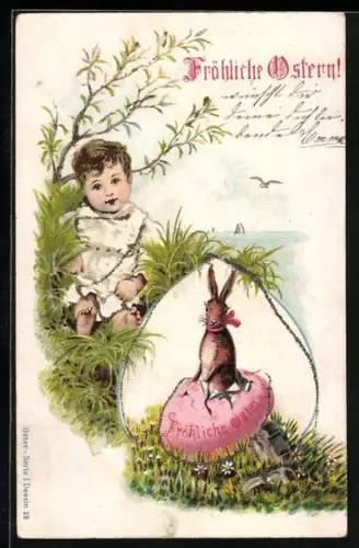 Lithographie Osterhase plätzt aus einem Osterei, Kleinkind sitzt im Gras, Fröhliche Ostern