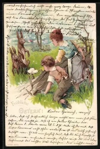Lithographie Kinder beobachten heimlich die Osterhasen