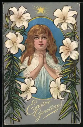 Präge-AK Betendes Mädchen inmitten von Blumen, Easter Greetings