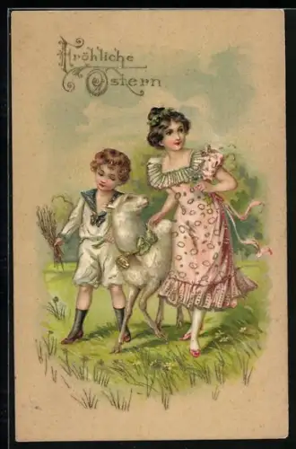 Präge-AK Kinder mit Lamm im Grünen zu Ostern, Fröhliche Ostern
