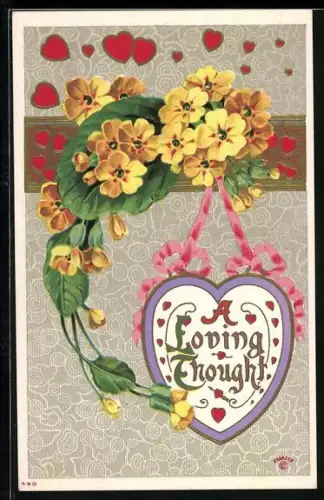 Präge-AK Gelbe Blümen mit einem Herzanhänger, A Loving Thought