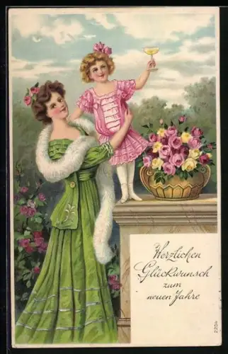 Präge-AK Frau mit Mädchen in rosanem Kleid, Neujahr