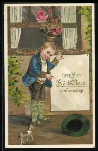 Künstler-AK Junge zeigt auf ein Schild mit der Botschaft Herzlichen Glückwunsch zum Namenstage