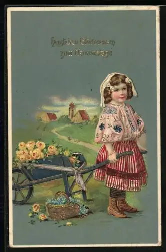 Künstler-AK Mädchen zieht einen Karren voll gelber Rosen, Namenstag