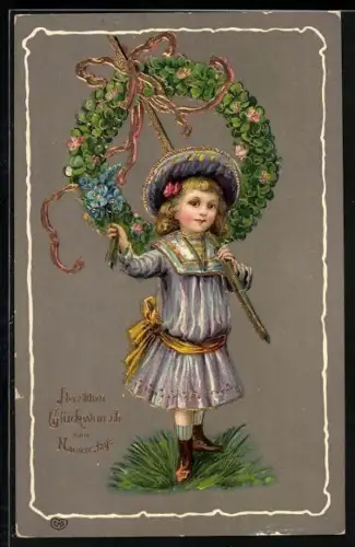 Künstler-AK Mädchen mit Kranz aus Klee, Namenstag