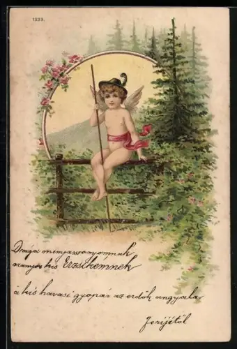 Lithographie Wander-Engel auf Zaun im Wald