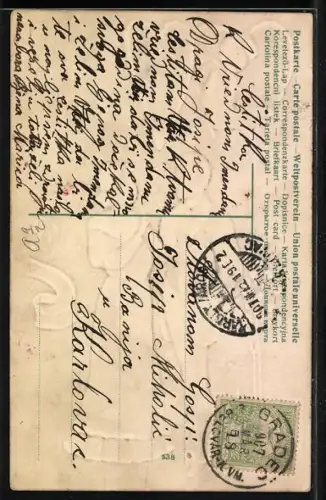 Präge-AK Amor öffnet ein Herz über einem Liebespaar, Gedicht