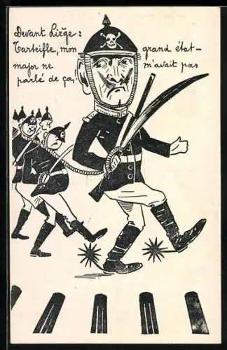 Künstler-AK Kaiser Wilhelm II. marschiert mit gefangenen Soldaten an Gewehren vorbei