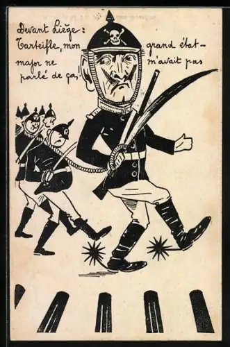 Künstler-AK Kaiser Wilhelm II. marschiert mit gefangenen Soldaten an Gewehren vorbei