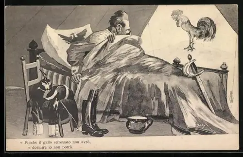 Künstler-AK Propaganda Entente, Kaiser Wilhelm II. fürchtet sich vor dem gallischen Hahn