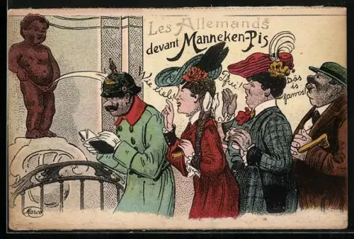 Künstler-AK Toilettenhumor, Les Allemands devant Manneken-Pis, Manneken-Pis pinkelt Polizist mit Pickelhhaube an