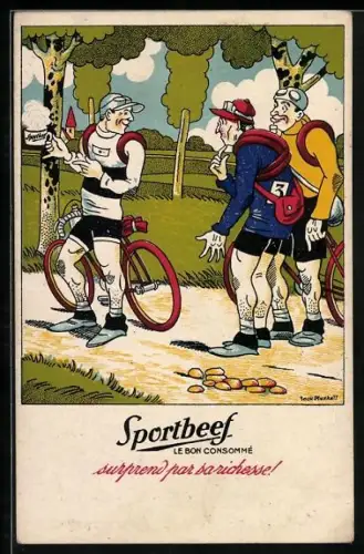 Künstler-AK Sportbeef, Le Bon Consommé, Radfahrer mit einer Tasse Suppe
