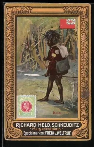 Künstler-AK Richard Held Margarine, Marken Freia und Weltruf, Mann mit Tasche und Speeren