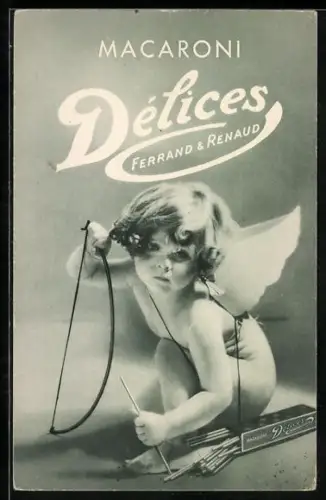 AK Reklame, Macaroni Delices Ferrand & Renaud, Kleiner Amor mit Nudelpackung