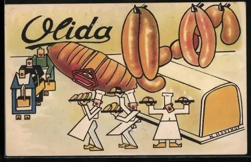 Künstler-AK Olida, Reklame Würstchen, Köche in der Fabrik