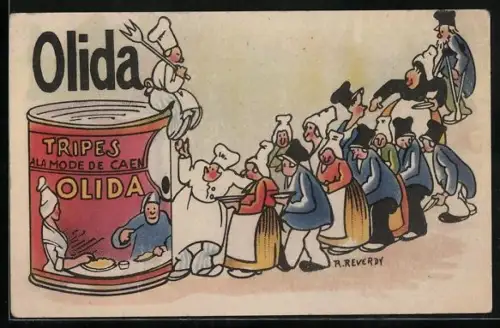 Künstler-AK Olida, Tripes à la mode de Caen, Konserven-Reklame