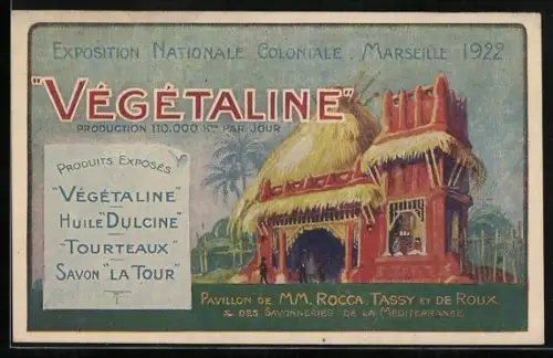 Künstler-AK Marseille, Exposition Nationale Colonial à Marseille 1922, Végétaline de M. M. Rocca, Rassy et de Roux