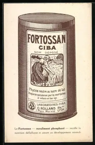 AK Reklame für Fortossan Ciba, Babynahrung, Dose mit Frau bei der Feldarbeit