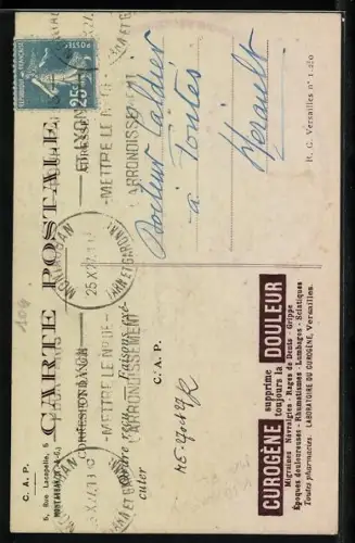 AK Curogène supprime toujours la douleur, Reklame für Schmerzmittel, Frau preist das Medikament lauthals an