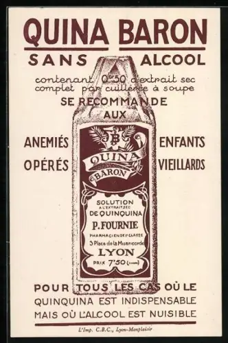 AK Quina Baron sans Alcool, Reklame für Medikament für Kinder und Ältere