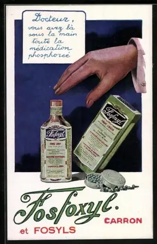 AK Damenhand greift nach einem Fläschchen, Reklame für Fosfoxyl Trunk und Tabletten