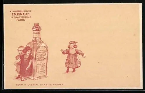 AK Extrait Végétal Lilas de France, Reklame, Kinder verstecken sich hinter einer grossen Flasche