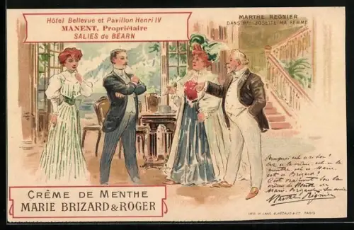 AK Creme de Menthe Marie Brizard et Roger, Reklame, Elegante Gesellschaft im Gespräch