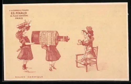AK Baume Dermique, Corbeille Fleurie Ed. Pinaud, Reklame, Mädchen halten eine grosse Flasche im Arm