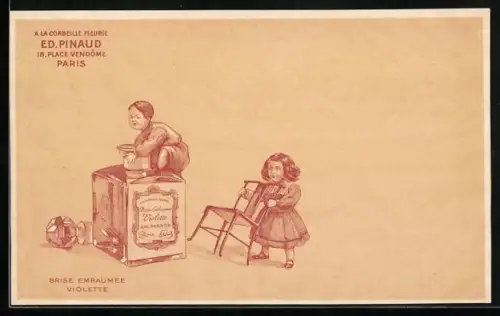 AK Brise Embaumée Violette, Corbeille Fleurie Ed. Pinaud, Reklame, Kinder spielen mit einem grossen Flakon