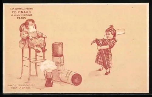 AK Savon transparent pour la Barbe, Corbeille Fleurie Ed. Pinaud, Reklame, Kleinkind lässt sich rasieren