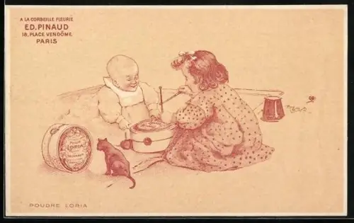 AK Poudre Loria, Corbeille Fleurie Ed. Pinaud, Reklame, Kinder spielen mit den Puderdosen