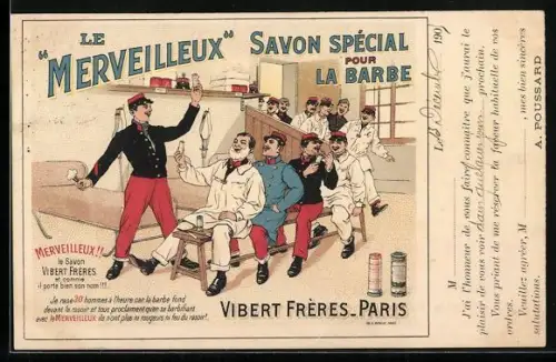 AK Savon Spécial pour la Barbe, Vibert Frères, Reklame, Soldaten lassen sich rasieren