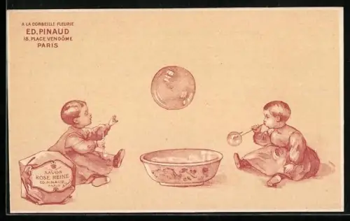 AK Savon Rose Reine, Corbeille Fleurie Ed. Pinaud, Reklame, Kleinkinder spielen mit Seifenblasen