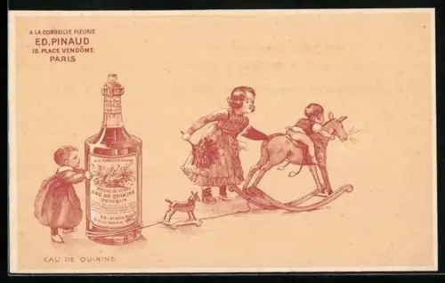 AK Eau de Quinine, Corbeille Fleurie Ed. Pinaud, Reklame, Kinder mit grosser Flasche und Spielzeugpferd