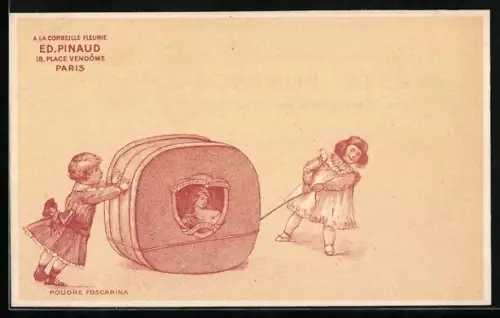 AK Poudre Foscarina, Corbeille Fleurie Ed. Pinaud, Reklame, Kinder ziehen eine riesige Puderdose