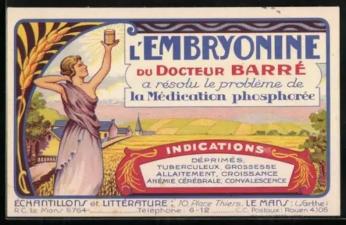 AK Embryonine du Docteur Barré contre le probleme du la Medication phosphoree, Reklame, Dame hält eine Dose in der Hand