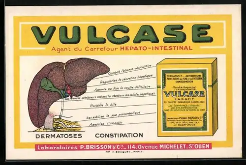 AK Vulcase, Laboratoires P. Brisson et Cie., Medicament contre Dermatoses et Constipation, Reklame