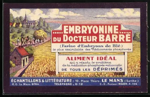 AK Embryonine du Docteur Barré, Farine d`Embryons de Blé, Reklame, Getreidefeld unter blauem Himmel