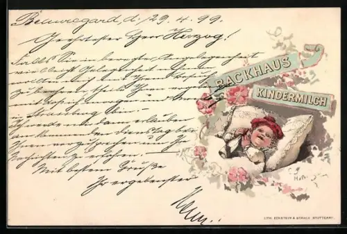 AK Reklame für Backhaus Kindermilch, Kleinkind liegt mit seiner Nuckelflasche im Bett