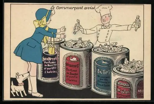 AK Reklame für Bonbons, Mintips, Anitips, Réglistips et Eucalyptips, Mädchen beim Einkauf der verschiedenen Sorten