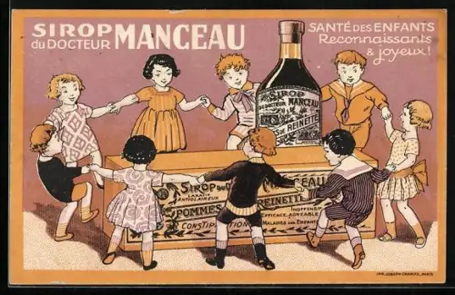 AK Sirop du Docteur Manceau, Reklame, Kinder tanzen um eine grosse Flasche herum