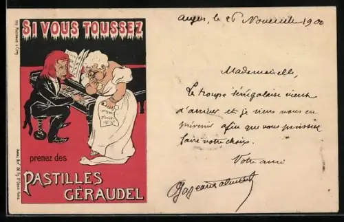 AK Pastilles Géraudel, Reklame für Hustenpastillen, Sängerin hustet bei einem Auftritt