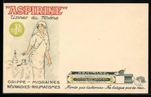 AK Reklame für Aspirine, Usines du Rhone, Krankenschwester schüttet das Medikament in eine Tasse