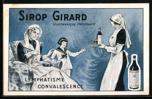 AK Sirop Girard, Reklame, Krankenschwester bringt Mutter und Kind zwei Gläser des Trunks