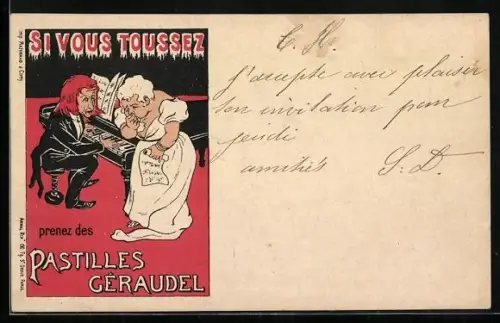 AK Pastlles Géraudel, Reklame für Hustenpastillen, Sängerin hustet bei einem Auftritt