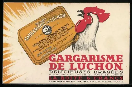 AK Dragées Gargarisme de Luchon, Laboratoires Sauba, Reklame, Hahn kräht bei Sonnenaufgang