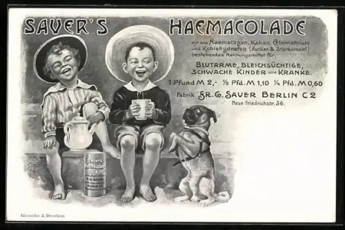 Künstler-AK Berlin, Fabrik Fr. G. Sauer, Neue Friedrichstr. 3, Kinder trinken Kakao, Reklame für Sauer`s Haemacolade