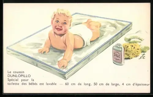 AK Reklame für Dunlopillo, Coussin Spécial pour la toilette des bébés, Kind liegt zum Windelwechsel auf einer Unterlage