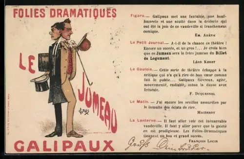 AK Reklame für Galipaux, Folies Dramatiques, Le Jumeau, Männer stehen Rücken an Rücken
